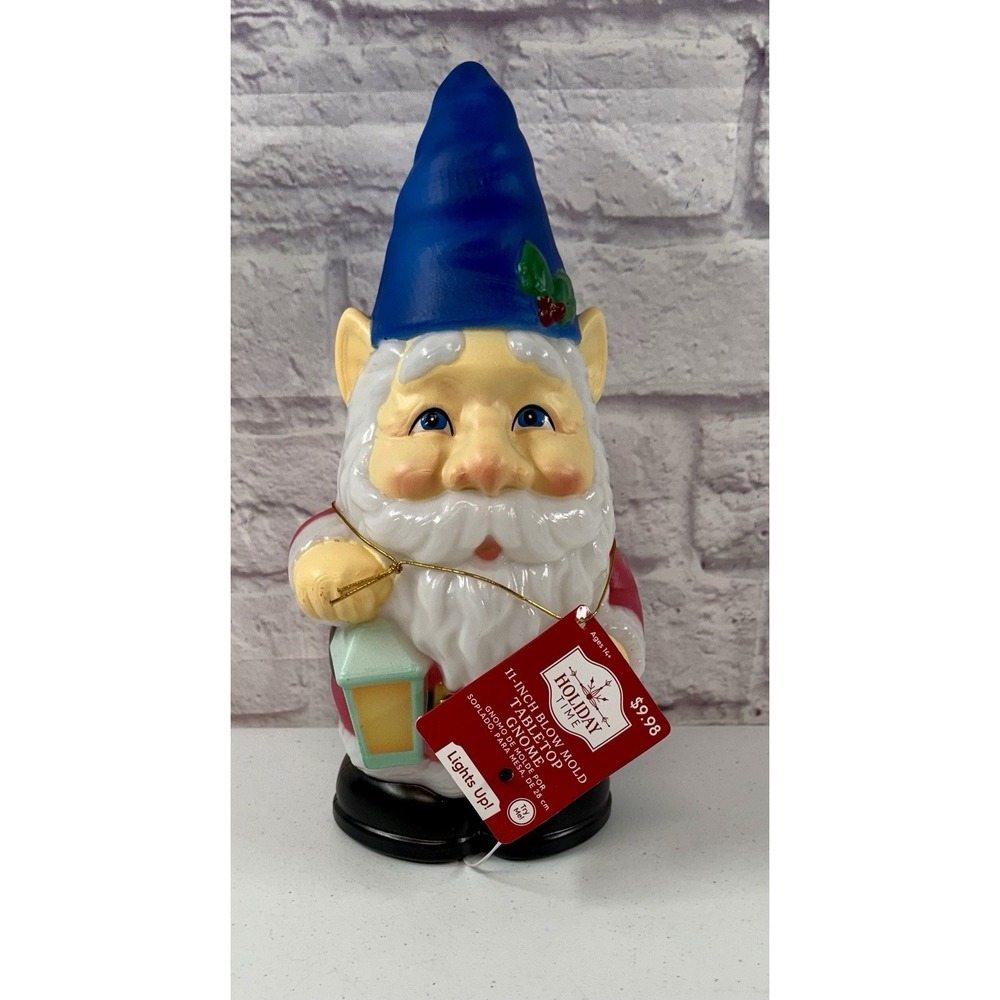Blow Mold 11" Tabletop Gnome Light Up Blue Hat Christmas Holiday Time BRAND NEW!